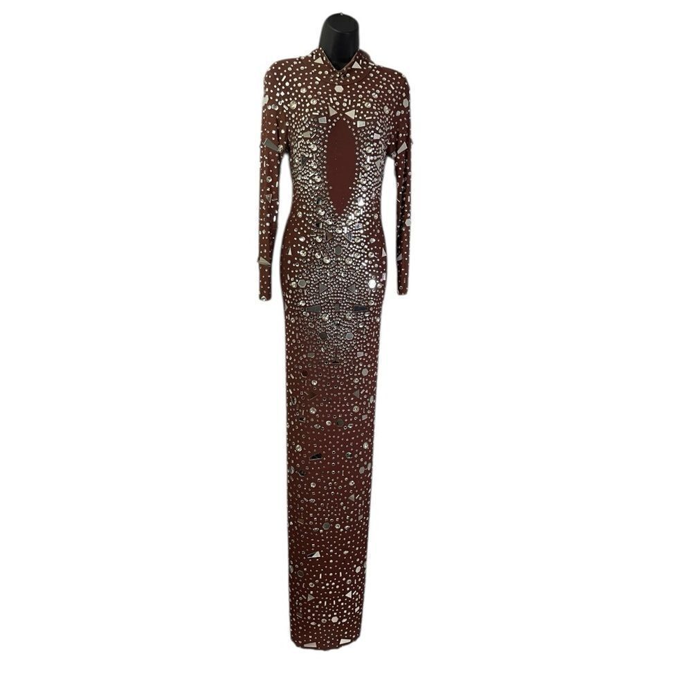 Angel Brinks Sheer Mirrored Rhinestone Sheer Club Party Dress Long Sleeve Large